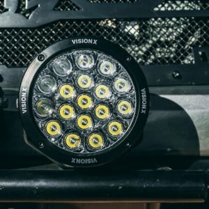 CG2 Multi LED Cannon Lights, mounted to front truck bumper. Broad driving combination beam pattern. Waterproof, durable.