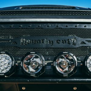 Off road CG2 Round LED Light Cannon lights. Broad driving beam and narrow spot beam, mounted to front truck bumper.