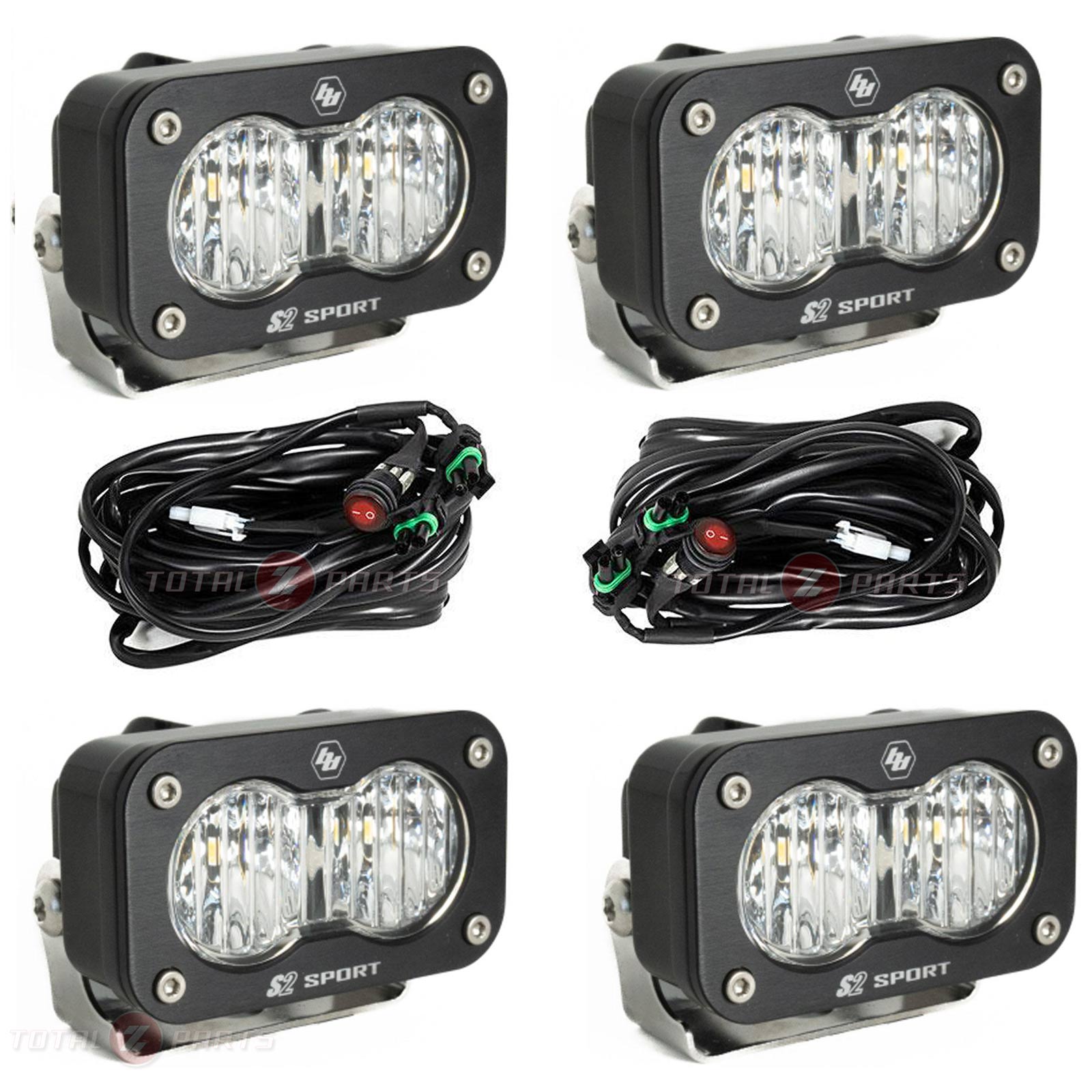 Baja Designs® 4x S2 Sport LED Lights Clear Wide Cornering, Brackets, Wiring