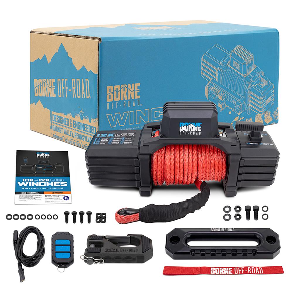 Borne Off-Road® 12K Electric Winch - Red Synthetic Rope Borne Off-Road® 12K Electric Winch - Red Synthetic Rope