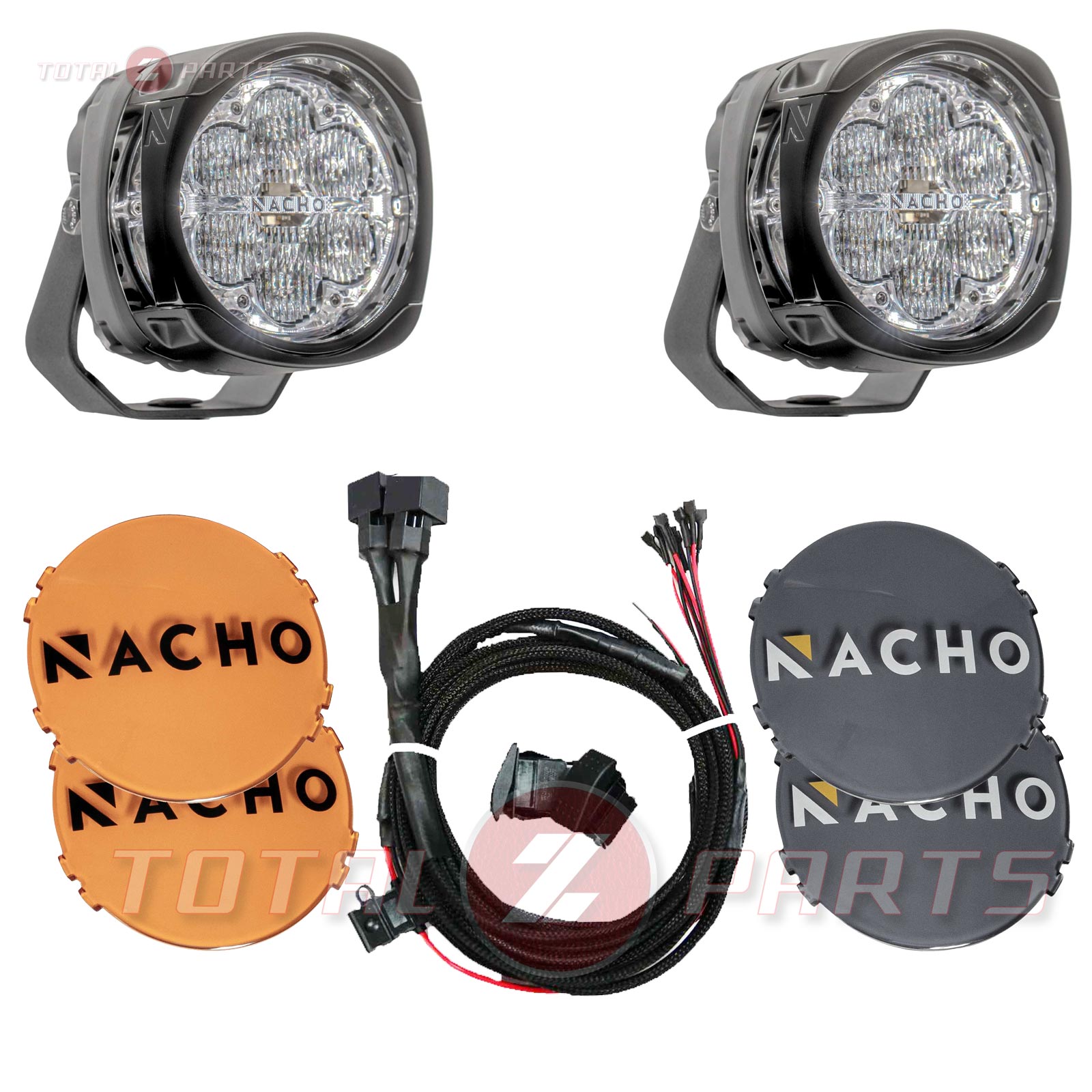 NACHO Quatro Flood 4″ Offroad LED Fog Lights Pair, Wiring Harness & Covers