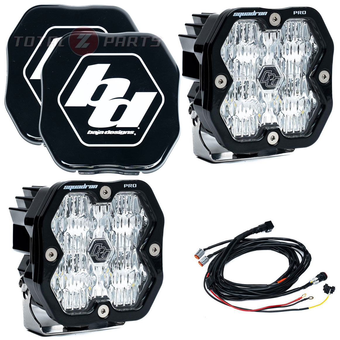 Baja Designs® Squadron 2.0 Pro LED Pair Clear Wide Cornering Lights Rock Guards, Wire Harness