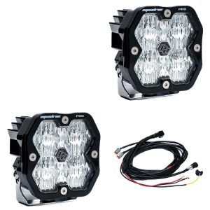 Baja Designs® Squadron 2.0 Pro LED Pair Clear Wide Cornering Lights Rock Guards, Wire Harness