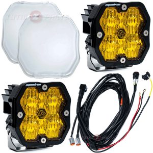 Baja Designs® Squadron 2.0 Sport LED Pair Amber Wide Cornering Lights, Clear Guards, Wiring