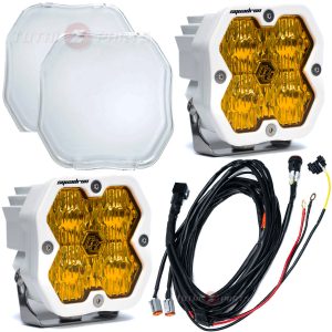 Baja Designs® Squadron 2.0 Sport White LED Amber Wide Cornering Lights Pair, Clear Guards, Wiring