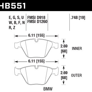 Hawk Perf® HPS 5.0 Front Brake Pads for 2002-2016 M3 335i 745i Z4 HB551B.748 Hawk Perf® HPS 5.0 Front Brake Pads for 2002-2016 M3 335i 745i Z4 HB551B.748